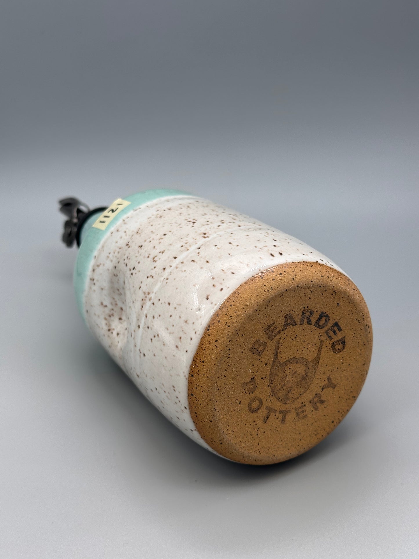 Ceramic oil bottle, white and teal