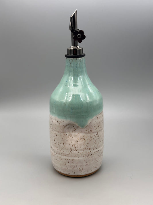 Ceramic oil bottle, white and teal