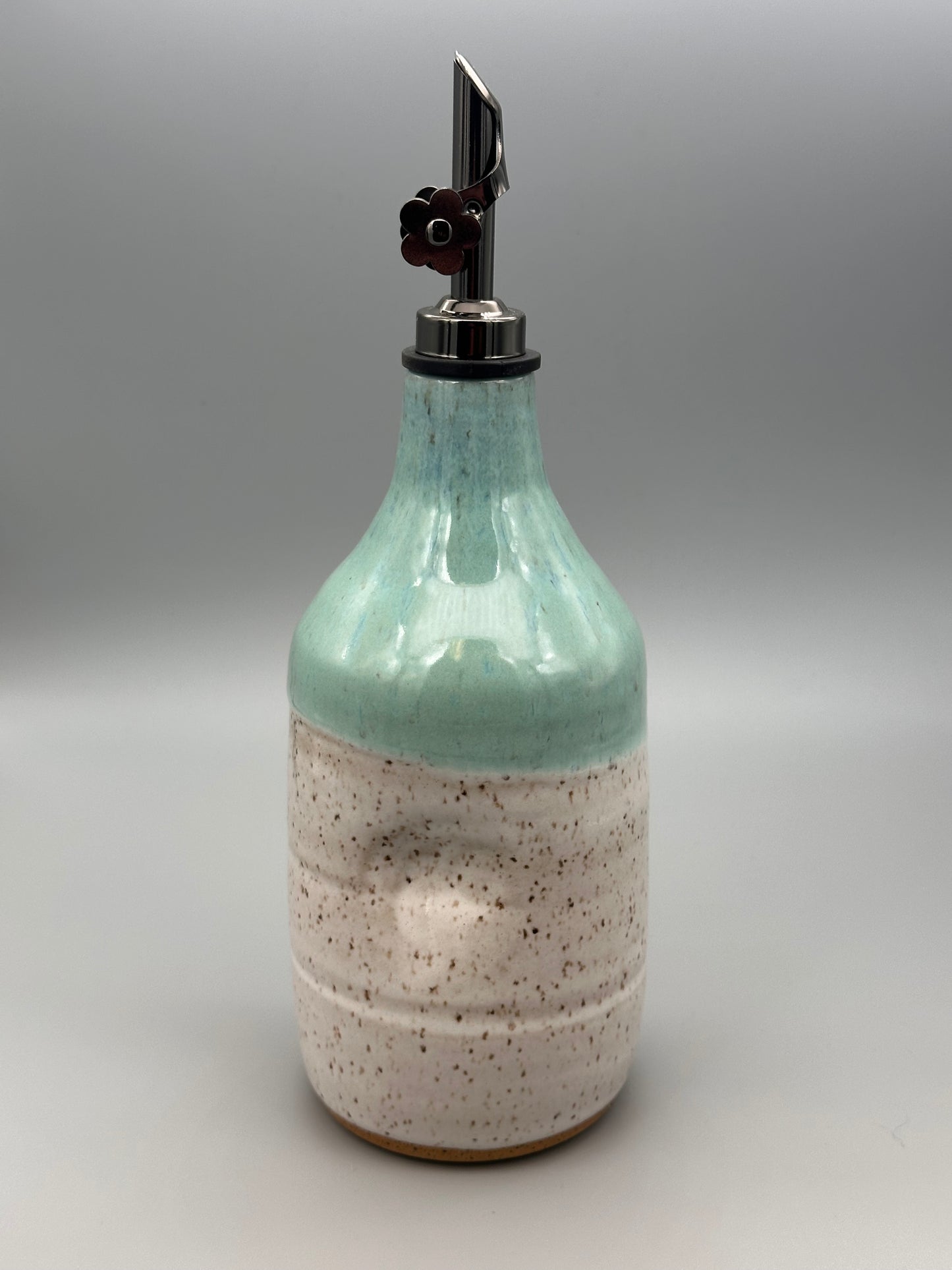 Ceramic oil bottle, white and teal