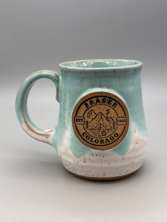 Fraser Colorado mug, teal and white