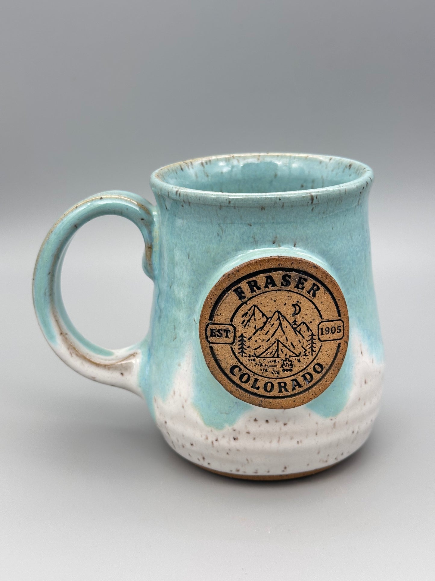 Fraser Colorado mug, teal and white